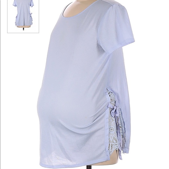 LC maternity size small blue crepe top with lace insets. - Picture 2 of 4